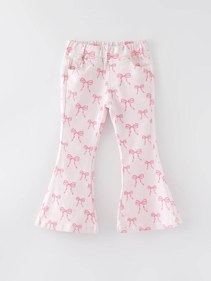 Girls Pink Bow Print Elastic Flared Jeans
