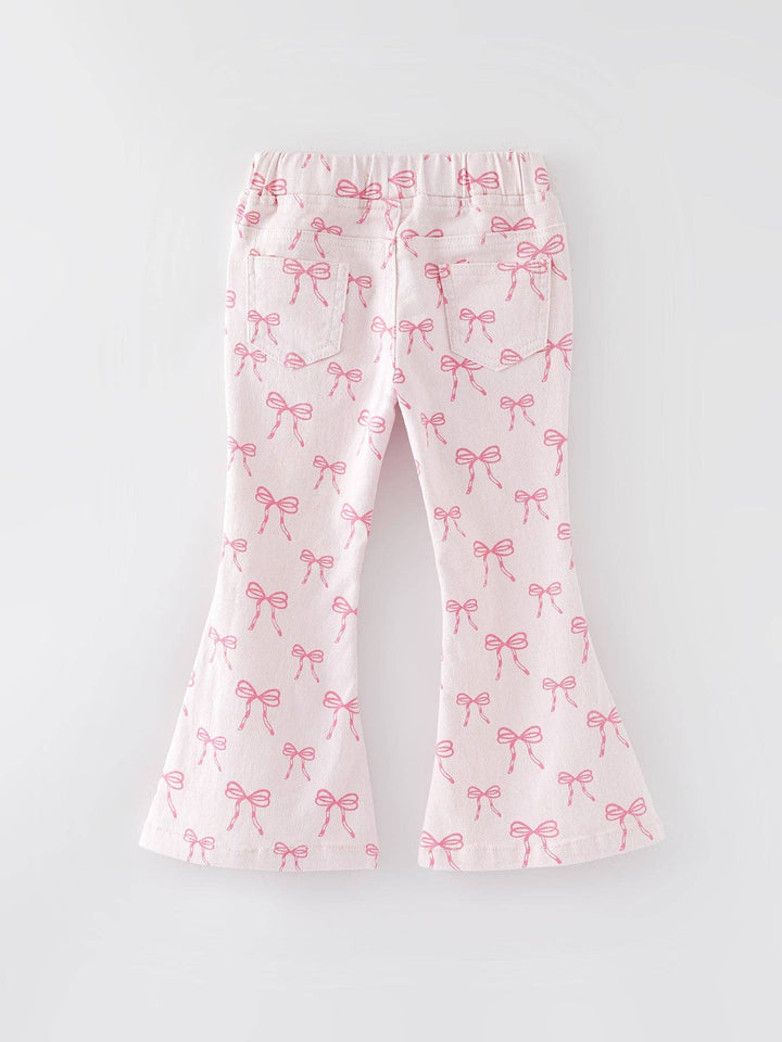 Girls Pink Bow Print Elastic Flared Jeans