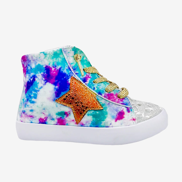 Colorful tie-dye high-top sneaker with gold star accents on a white background