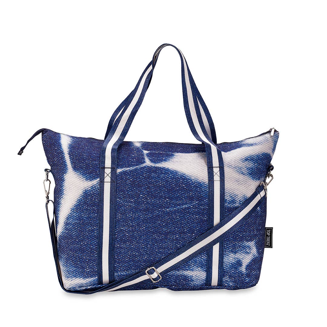 Denim Weekender Tote Bag with Navy/White Stripe Straps