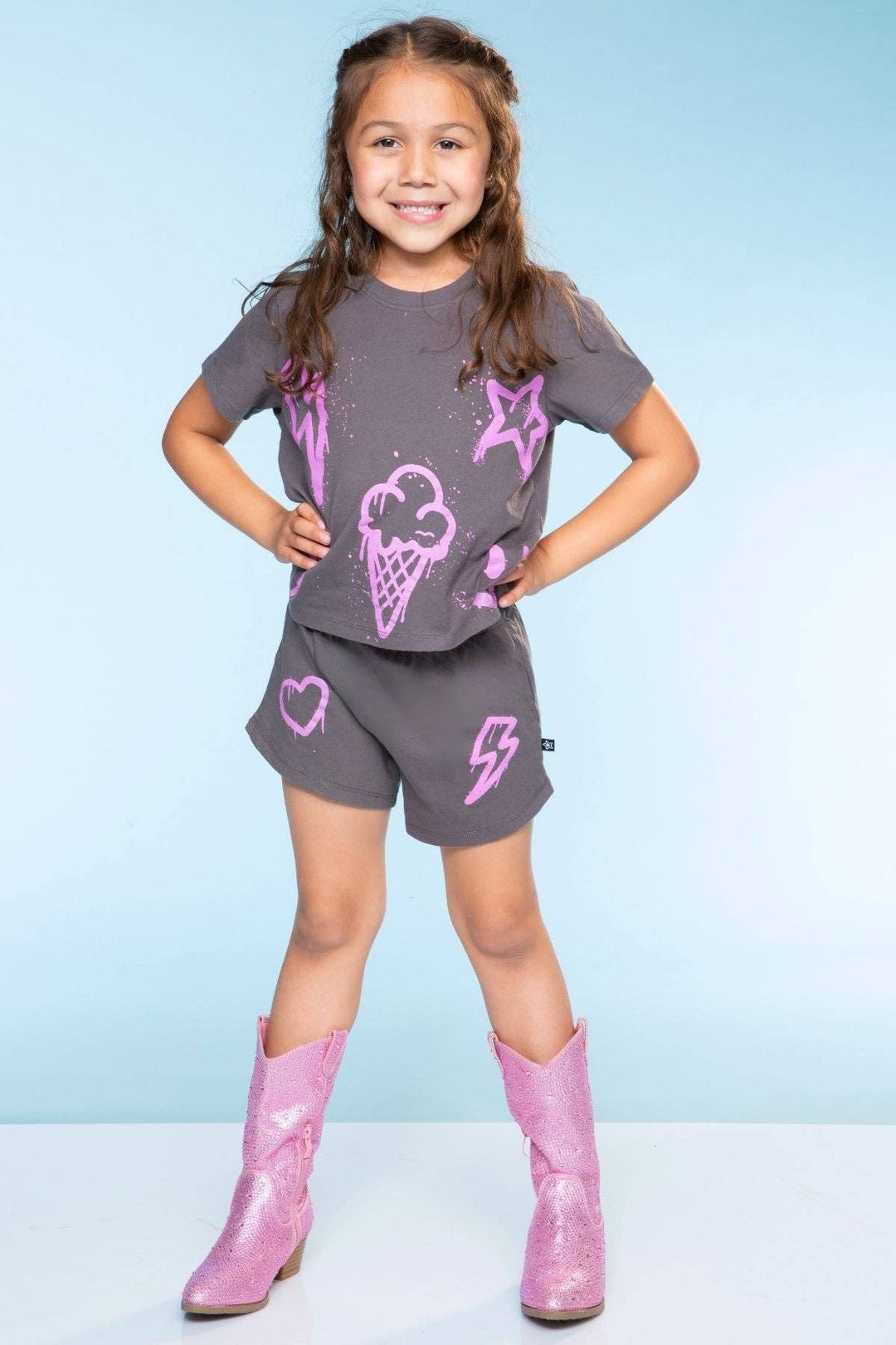 Cotton Easy Tee & Dolphin Short Set: Charcoal Pink Icons