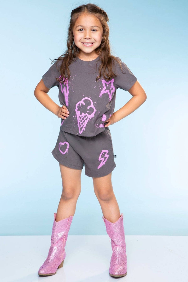 Cotton Easy Tee & Dolphin Short Set: Charcoal Pink Icons