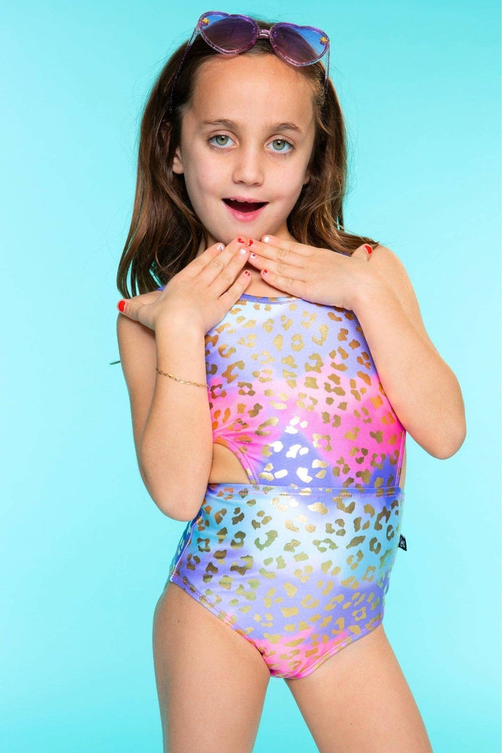 High Shine One Piece Cutout Swimsuit: Pastel Gold Leopard