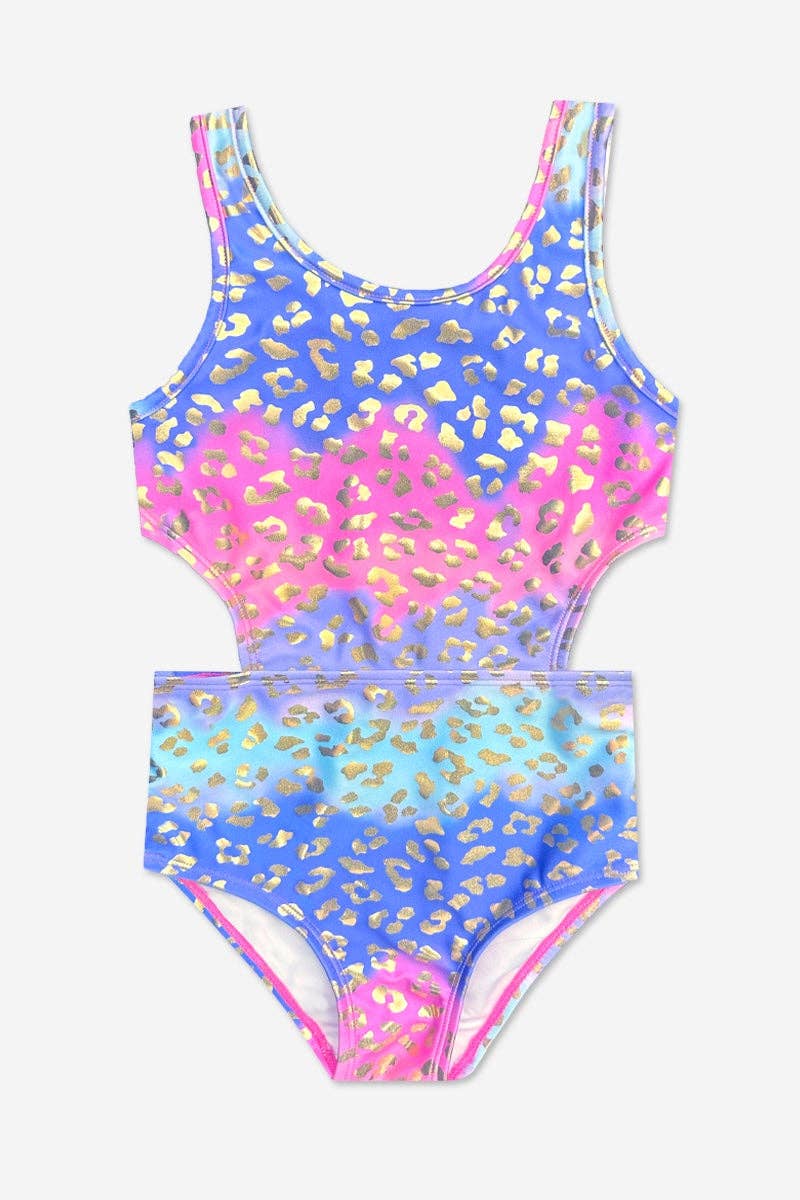 High Shine One Piece Cutout Swimsuit: Pastel Gold Leopard