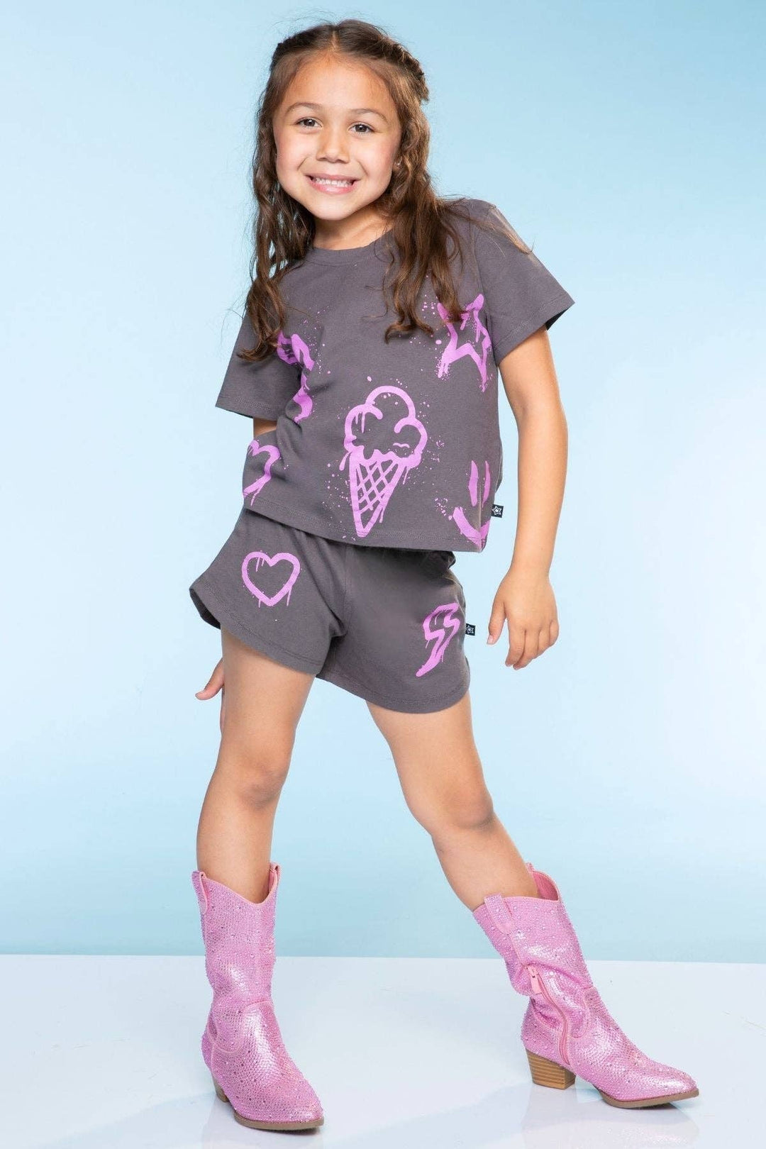 Cotton Easy Tee & Dolphin Short Set: Charcoal Pink Icons
