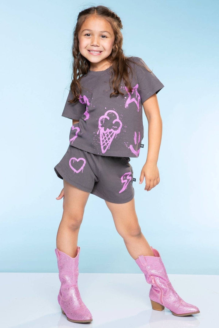 Cotton Easy Tee & Dolphin Short Set: Charcoal Pink Icons