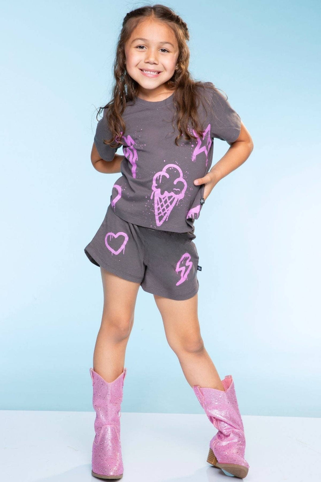 Cotton Easy Tee & Dolphin Short Set: Charcoal Pink Icons