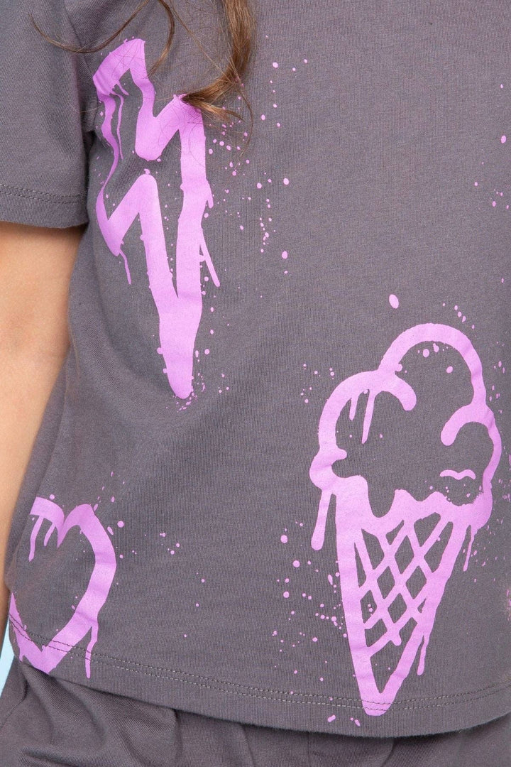 Cotton Easy Tee & Dolphin Short Set: Charcoal Pink Icons
