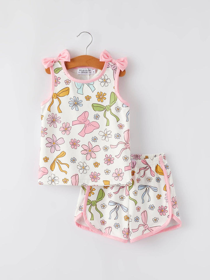 Girls Pink Bow Sleeveless Top and Shorts Set