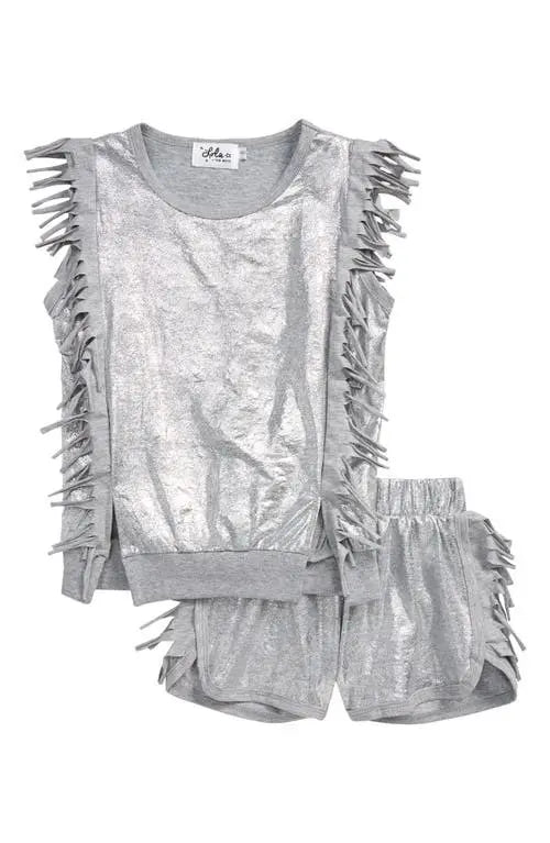 Lola + The Boys metallic fringe top shorts set