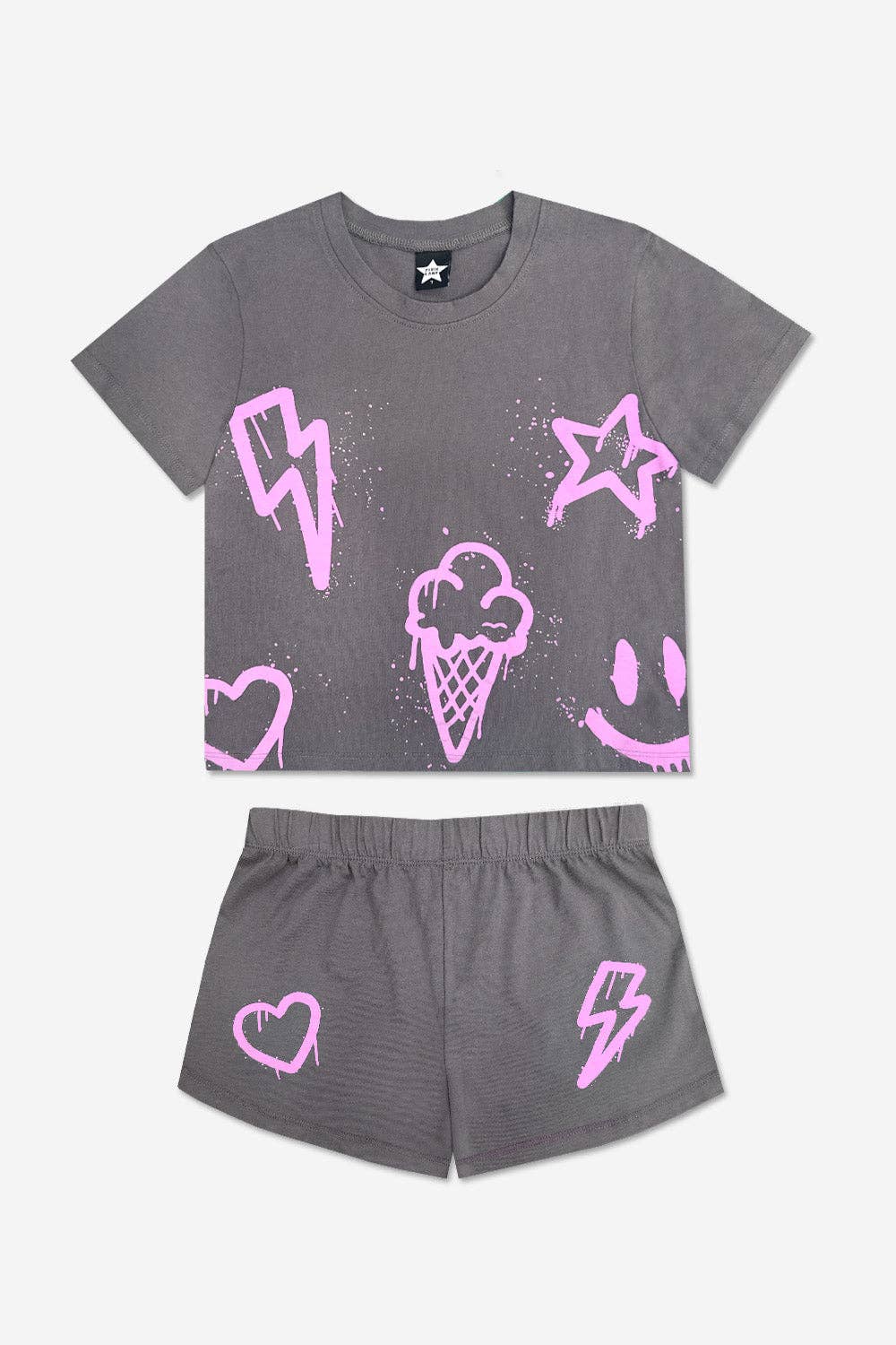 Cotton Easy Tee & Dolphin Short Set: Charcoal Pink Icons