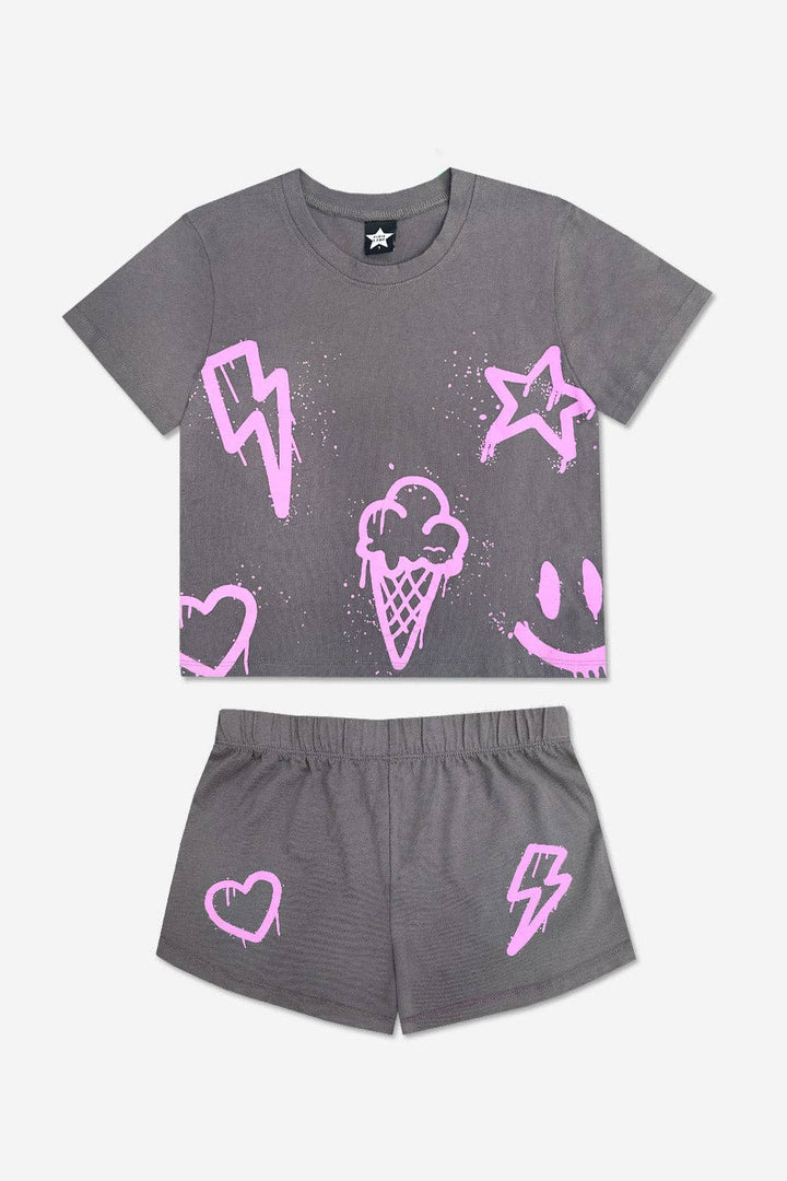 Cotton Easy Tee & Dolphin Short Set: Charcoal Pink Icons