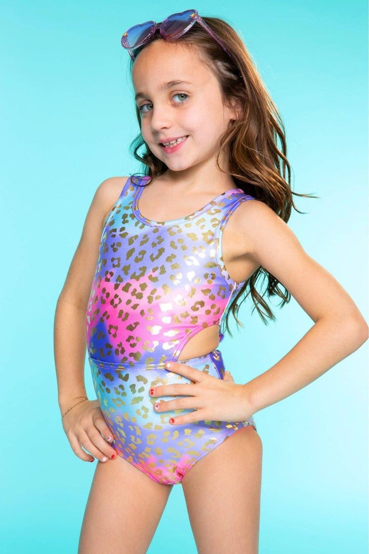 High Shine One Piece Cutout Swimsuit: Pastel Gold Leopard